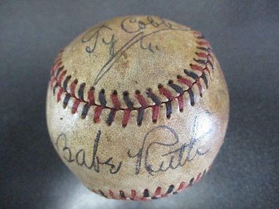 Babe Ruth Ty Cobb Signed Official Baseball. Babe Ruth and Ty Cobb Dual-Signed Official Red and 
