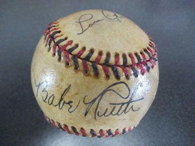 Babe Ruth Lou Gehrig Signed Official Baseball. Babe Ruth and Lou Gehrig Dual-Signed Official Red 