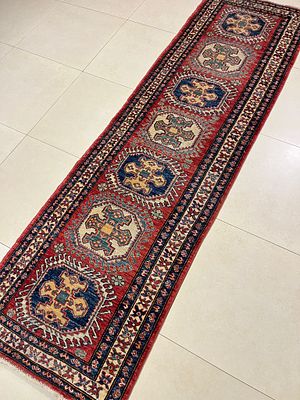 שטיח ראנר אפגני דוגמת כווכז עבודת יד, 82X290 ס"מ. צמר על כותנה. מצב מצויין.