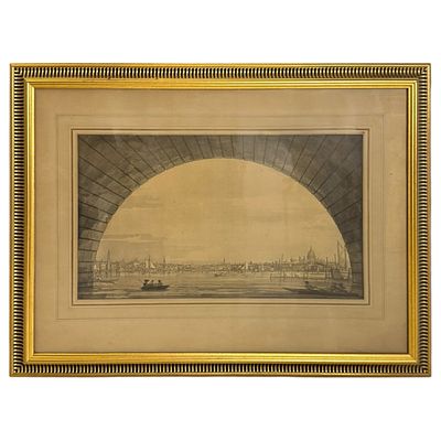 (63) Гравюра "Панорама Лондона от Лондон-бридж". Англия. 1810 г. В раме и паспарту. Размер 72х55 см