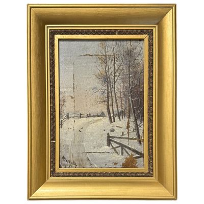 Чирков, А. Зимняя дорога. 1894 г. х/м. Размер холста 24х17 см. Требует реставрации холста.