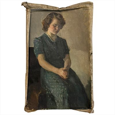 (56.4) Картина. Портрет "Женщина в платье". А. Руткин. 1952 г. Холст, масло. Размер 95х63 см