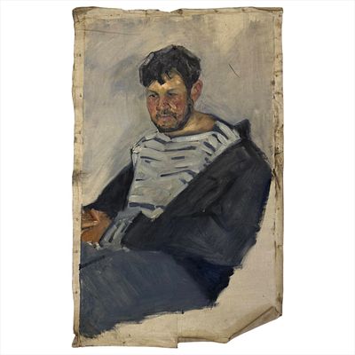 (56.4) Картина "Портрет мужчины в тельняшке" Панков П. В. Холст, масло. 1958 г. Размер 83х52 см