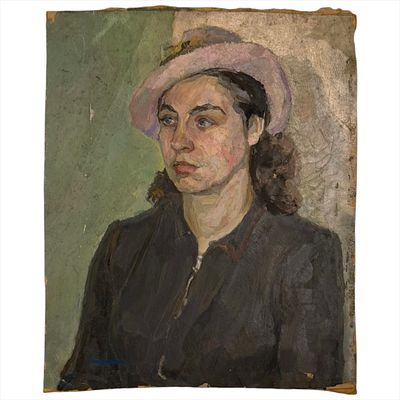 (56.4) Картина "Девушка в шляпе" А. Рудкин. 1947 г. Картон, масло. Размер 53х43 см