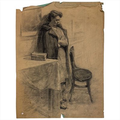 (56.4) Рисунок "Девушка у стула". 1951 г. Бумага, карандаш. Размер 73х57 см