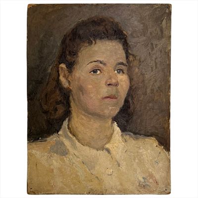 (56.4) Картина "Портрет женщины". Панков П. В. 1950 г. Фанера, масло. Размер 31х24 см