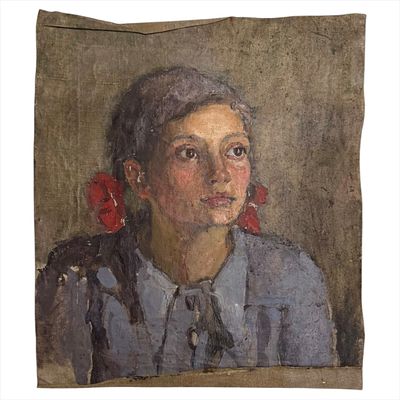 (56.4) Картина "Портрет девушки". Тараканова Е. Холст, масло. 1947 г. Размер 43х36 см