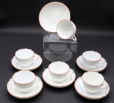 6x Kaffeetassen mit U.T., Meissen Schwertermarke, Koralle, je 2 Schleifstriche,. 6x 