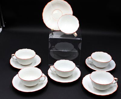 6x Teetassen m. U.T., Meissen Schwertermarke, Koralle, je 2 Schleifstriche,. 6x Teetassen m. 