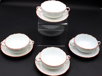 4x Suppentassen m. U.T., Meissen Schwertermarke, Koralle, je 2 Schleifstriche,. 4x Suppentassen 