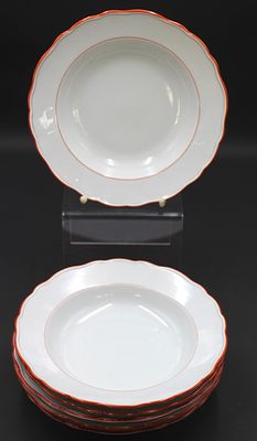 6x tiefe Teller, Meissen Schwertermarke, Koralle, je 2 Schleifstriche, ca. D-23,5cm