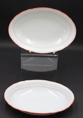 2x ovale Schalen, Meissen Schwertermarke, Koralle, je 2 Schleifstriche , je H-4,5cm B-26,5cm