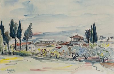 Charilaos DIKAIOS. Cypriot, 1912 – 2009Landscape with houses, 1946mixed media on paper 