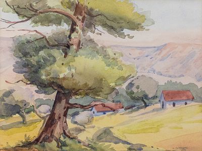Andreas ASPROFTAS. Cypriot, 1919 – 2004Tree with cottage houses, 1970watercolour on papersigned 