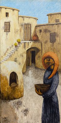 Xanthos HADJISOTERIOU. Cypriot, 1920 – 2003Village courtyard, 1985oil on hardboardsigned and 