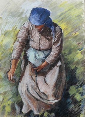 Charilaos DIKAIOS. Cypriot, 1912 – 2009Woman in field, 1983mixed media on paper (dry pastels and 