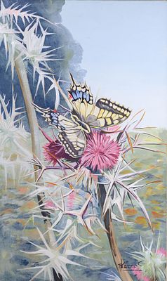 Vassilis KATTOS. Cypriot, b.1947Butterfly on milk thistleoil on canvassigned lower right75 x 45 