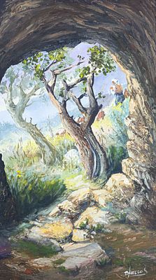 Vassilis KATTOS. Cypriot, b.1947Tree by the caveoil on boardsigned lower right70 x 40 cm80 x 50 