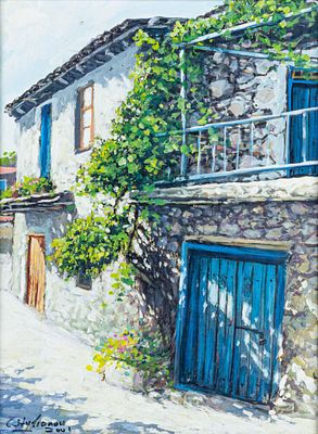 Costas Stylianou. CypriotVillage Corner, 2001acrylic on hardboardsigned and dated lower left38 x 