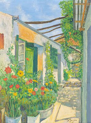 Konstantinos PALIAN. Cypriot, b. 1954Blooming yard - Aνθισμένη αυλήoil on boardsigned lower 