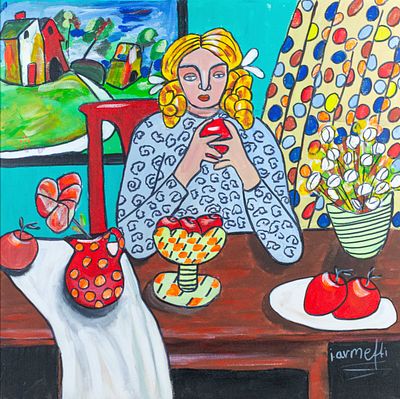 Iro ARMEFTI. Cypriot, b. 1953Girl with apple, 2022acrylic on canvassigned lower rightsigned and 