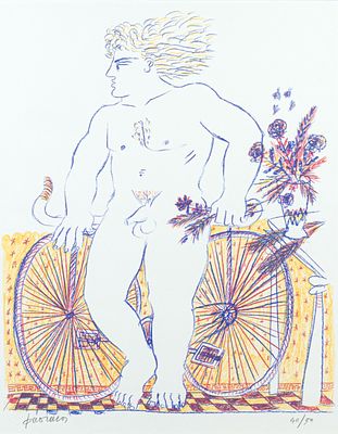 Alecos FASSIANOS. Greek, 1935 – 2022Cyclist with flowerssilkscreened. 40/50signed lower 