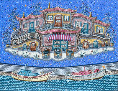Stavros PARASKEVAS. Greek, 1940 – 2023Waterfront taverna “O Manos”acrylic on canvassigned lower 