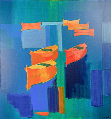 Giorgos LOLOSIDIS. Greek, 1937 – 2015Fishing boatsoil on canvassigned lower right140 x 150 cm145 