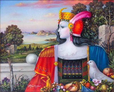 Theodoros PANTALEON. Greek, 1945 – 2025Lady with a doveoil on woodsigned lower left42 x 52 cm80 