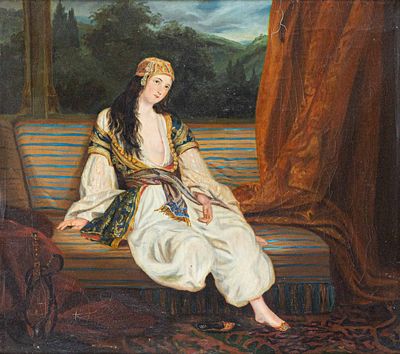 French School. mid-19th centuryYoung Greek woman on sofaoil on canvas56 x 63 cm75 x 82 cm (with 