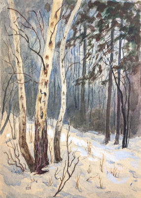 Морозов Константин Феофанович (1894–1990). Березовая роща зимой. 1960-е. Бумага, акварель. 28х20 
