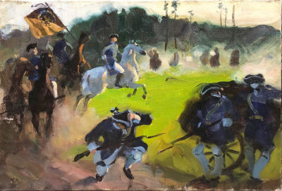 Пархоменко Авенир Иванович (1921–1988). Батальная сцена. 1976. Холст, масло. 37х54. Слева внизу 