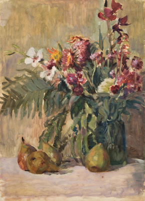 Окс Евгений Борисович (1899–1968). 
Цветы и фрукты. 1950-е. Бумага, масло. 40&times;31 (в свету). На 