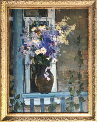Ефимова Екатерина Матвеевна (1910–1997). Цветы на крыльце. 1959. Картон, масло. 50&times;60. Слева 