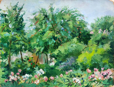 Нюренберг Амшей Маркович (1887–1979). Весенний сад. Кусково. 1961. Картон, масло. 39&times;49. Справа 