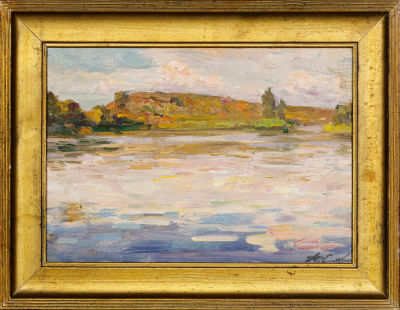 Соколов Александр Иванович (1918–1973). 
На Волге. 1960-е. Картон, масло. 23,5&times;33,5. Справа 