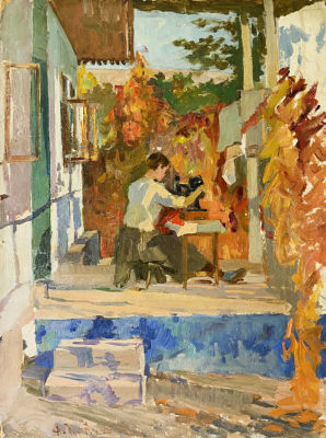 Руднев Алексей Михайлович (1913–1972). На даче. 1961. Картон, масло. 70&times;50. Слева внизу 