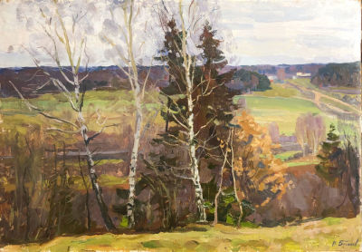 Богачев Петр Никифорович (1921–2003). 
Долина реки Истра. 1961. Картон, масло. 50&times;70. Справа 
