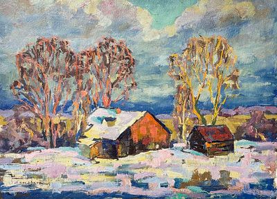 Амосова-Бунак Ольга Фёдоровна (1892–1962). Зимой в деревне. 1933. Холст, масло. 35,5&times;47,5 
Слева 