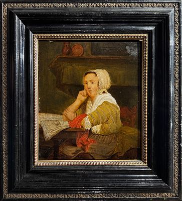 Неизвестный художник. Дама в чепце, читающая газету.
Западная Европа. XVIII в. Дерево, масло. 