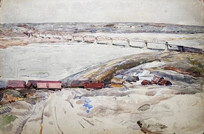 Добрынин Петр Семенович (1876–1948). Симбирск. Волжский мост. 1918 . Картон, акварель, гуашь. 