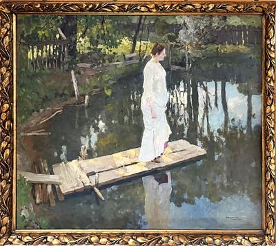 Калмыков Иван Леонидович (1866–1925). На мостках. 1903 . Картон масло. 80&times;91 
Справа внизу 