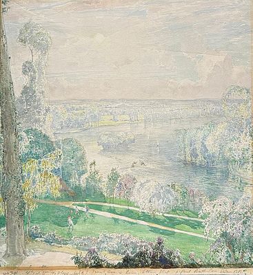 Неизвестный художник. Англия. Летний день. 1920-е. Бумага, акварель, гуашь, белила. 
Справа 