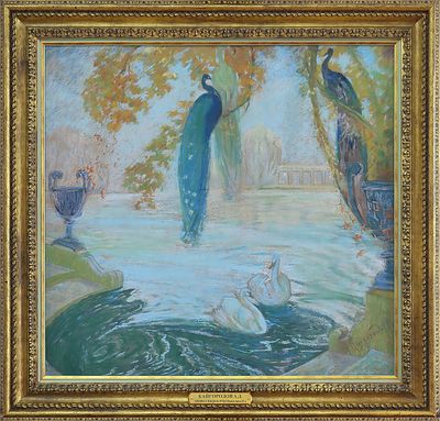 Кайгородов Анатолий Дмитриевич (1878–1945). Павлины и лебеди на пруду. Первая треть ХХ века. Бум 
