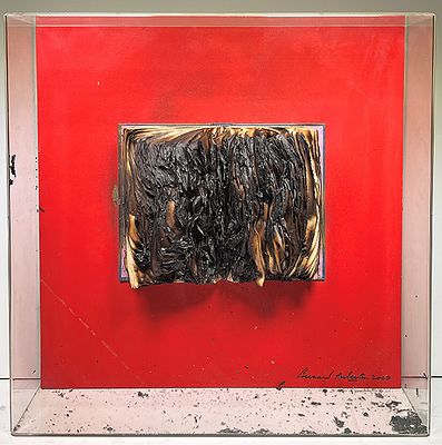 AUBERTIN BERNARD - AUBERTIN BERNARD, "Livre Brul&eacute;", Libro bruciato su tavola, anno 2007, cm 50x50 