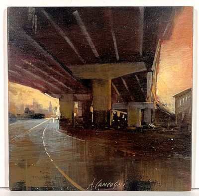 CANCOGNI AGOSTINO - CANCOGNI AGOSTINO, "Metropoli", olio su tavola, 20x20 cm, anno 2018, autentica 