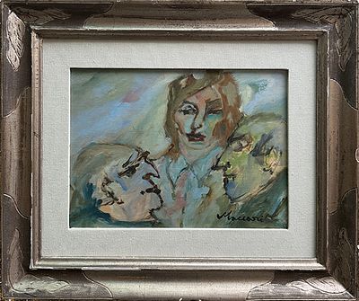 MINO MACCARI, "Figure", anni '80 - MINO MACCARI, "Figure", anni '80, olio su tavola, cm 