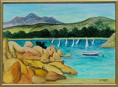 ROBERTO MASI, "Marina" - ROBERTO MASI, "Marina", olio su cartone, cm 26x36. Al fronte: 