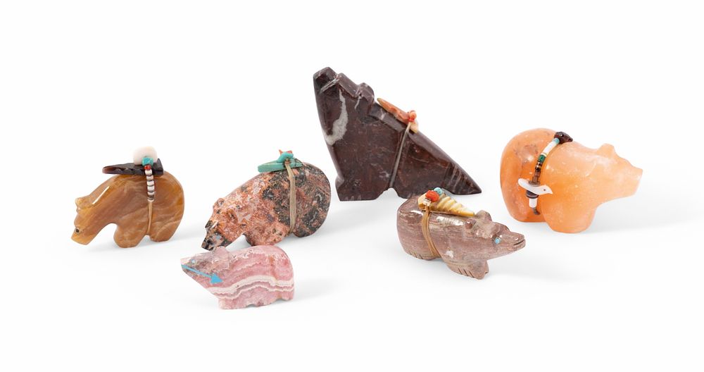 Collection of Six Stone Carved Bear Zuni Fetishes - Michael Mahooty, Emery Eriacho, Donovan 