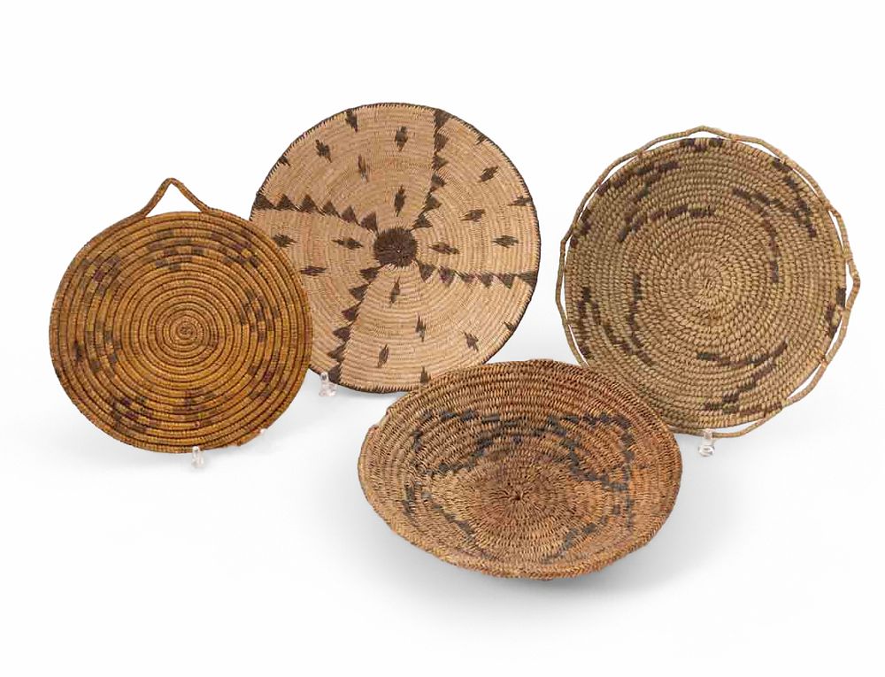 Collection of Four Native American Handwoven Baskets & Bowls. This collection features: 
- One 